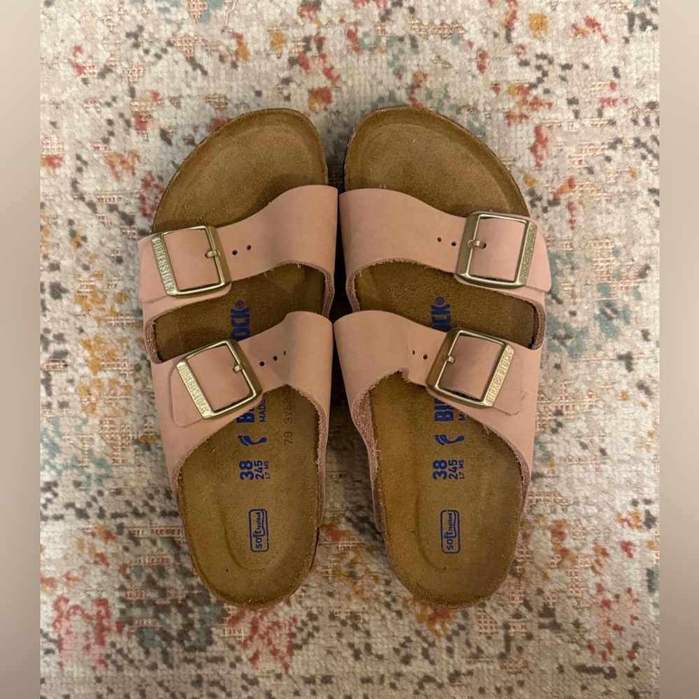 Sold | Birkenstock | Arizona Soft Pink Double Strap Sandals With Gold Buckles - Picture 8 of 11